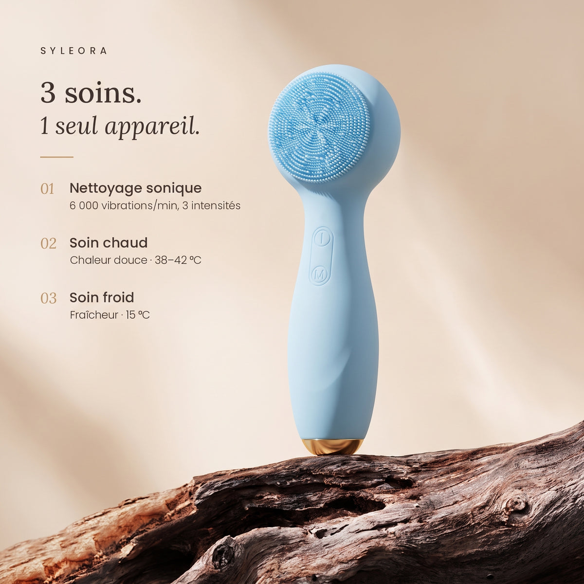 Syleora Glow Brush – Brosse nettoyante visage 3-en-1